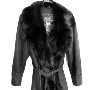 VTG Ramosport Paris France Coat Black Trench Cotton Faux Fur Trim Belted Small